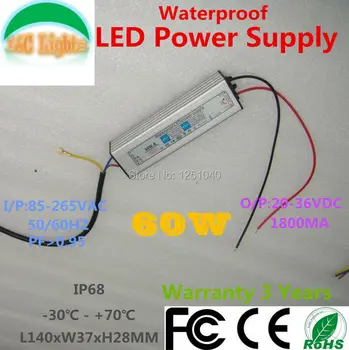 60W IP67 водоустойчив захранване 1800mA LED Driver Adapter 110V 220V PF>0.95 трансформатори осветление за led прожектор CE, RoHS