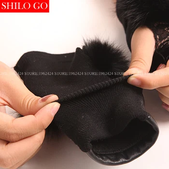 SHILO GO кожени ръкавици зимна мода жените с високо качество овче кожа кръст бод метал дантела зайци кожа кожени ръкавици
