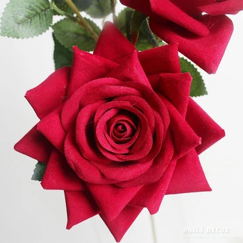 Продажба на едро 90 см високо моделиране 3 глави дълго стъбло кадифе Роза изкуствени цветя, високо качество на фалшиви рози цветя сватба 12 бр.