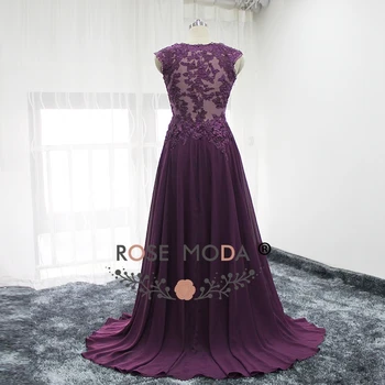 Rose Moda V образно деколте лилав дължина на пода майката на булката рокля Cap ръкави от дантела MOB рокли илюзия дантела преди плюс размера на 2018