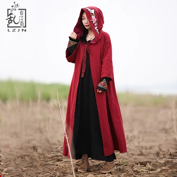 Lzjn бродерия тренчкот за жени с качулка-дълга козина китайски стил дъждобран червена жилетка черна ветровка Реколта палто 1875