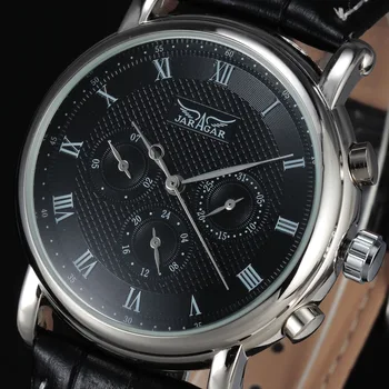2016 нова луксозна марка JARAGAR automatic mechanical self-wind 24 hour week date solid roman index dial ПУ кожени мъжки часовник