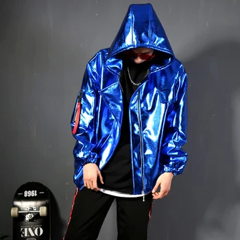 Индивидуални мъже, хип-хоп стил синьо с качулка изкуствена кожено яке свободно палто на Мъже, Жени нощен клуб певица и танцьорка концерта Костюми