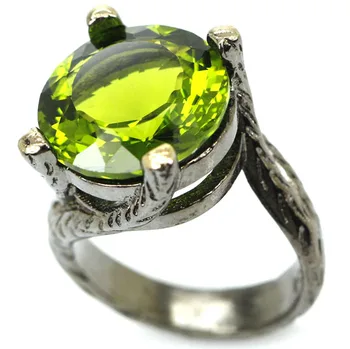 9.25# Vintage Style Big скъпоценни Камъни 16x16mm Green Peridot Party Black Gold Silver Ring 23x17mm