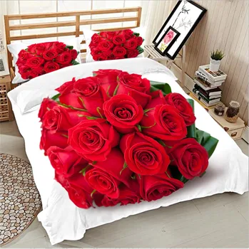 Нов 3D печатни комплект постелки и спално бельо Red Rose Bloom Queen/King Size чаршаф+чаршаф+2 калъфки за възглавници