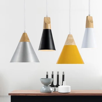 Модерните висящи лампи, дървени + алуминиеви цветни висящи лампи за ресторант / бар лампа pendentes LED окачен лампа