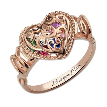 Търговия на едро персонални уникална мама сърцето клетка камъни пръстен от розово злато цвят дамски пръстен бижута