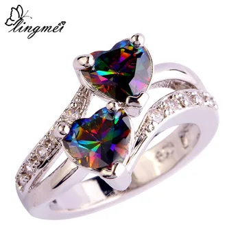 Lingmei Сърце Cut Rainbow & White CZ Sterling Silver Color Ring Size 6 7 8 9 10 11 12 нови бижута дамски пръстен на едро