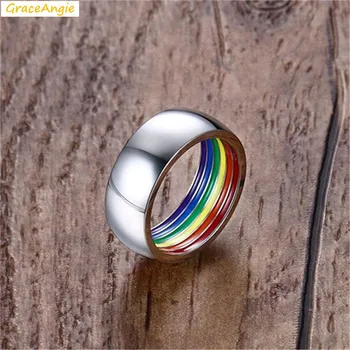 GraceAngie 1бр пръстен от неръждаема стомана, цветна Дъга вътре в ЛГБТ бижута изявление добър подарък за гей лесбийки приятел на семейството
