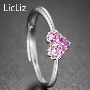 LicLiz 925 сребро сърцето пръстени за жени розов кубичен цирконий годежен пръстен обещание годежен пръстен с регулируема халка LR0407