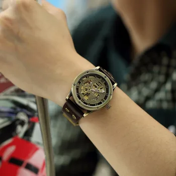 SHENHUA бронзов автоматично скелет механични часовници мъжки 2017 steampunk ретро кожа аналогов мъжки часовник Relogio Masculino