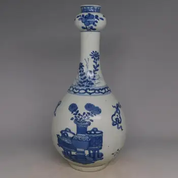 Антични порцеланова ваза Chinease QingDynasty, сини и бели бутилки занаяти, бутилка Бутилка, събиране и бижута, Безплатна доставка