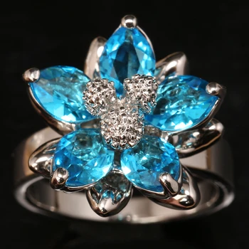 Дивин цветя светло синьо кубичен цирконий 925 сребро дамски украшения за бижута пасианс пръстен САЩ # размер 6 7 8 9 S1727