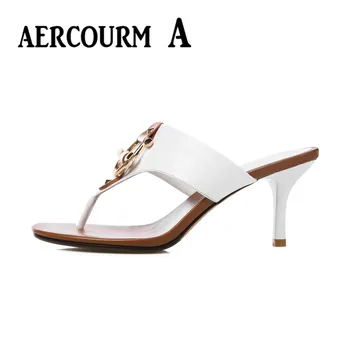 Aercourm A 2018 Дамски сандали от естествена кожа, дамски модни чехли Lady Summer High Heel heel Slippers Withe Flip Flops H746