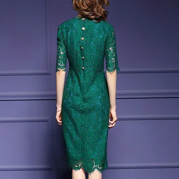 Пролетта и лятото новата европейска и американска мода дамски дългата секция кръгъл отвор пятиточечный ръкав дантелено рокля AL1127