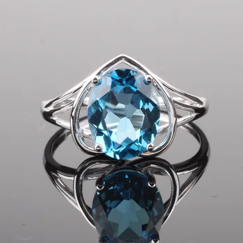 7x9mm овални кройката син топаз твърди 14k бяло злато романтична форма на сърце на жена диамантен годежен пръстен с естествени диаманти