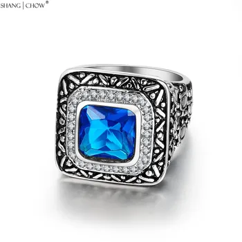 2017 Vintage Charm Jewelry Crystal Blue Stone 925 сребро пръстен за мъже вечерни аксесоари r1281