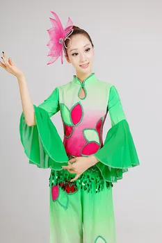 Китайските Класически Танцови Костюми Yangko Dance Зелен Наклон Народни Танцови Костюми Сценична Облекло