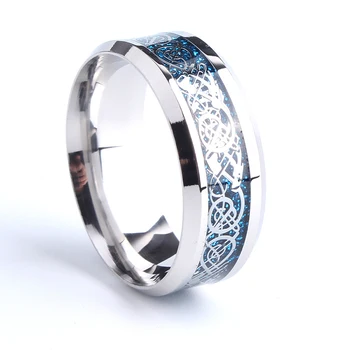 безплатна доставка 8 мм сребърен цвят син въглеродни влакна дракон 316L пръстени от неръждаема стомана за мъже, жени едро