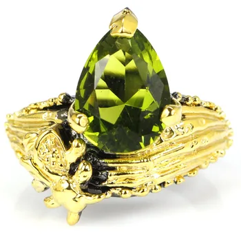 7.75# Vintage Black Gold 925 Silver Ring Water Drop Green Peridot Woman's 22x16mm