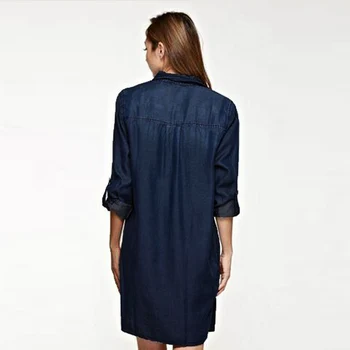 S-5XL дамски модни срещу врата се потопите Low Cut Секси Denim Blue Jean Look Long Flod Sleeve Collared Mini Shirt Dress Vestido