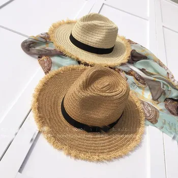 2017 New Women Wide Natural Brim Burr Raffia сламени шапки Fringe Women Plain Large Beach Summer Sun Caps Big Straw Cap chapeau