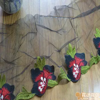 Безплатна доставка (3yds/лот)черна марля, червен черен смесен цвете бродерия високо качество дантелени тъкани бродирани лейси довършителни 17050703