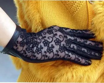 Есен-Зима Естествена Овча Кожа Дамски Ръкавици Елегантна Мода Секси Черни Дантелени Ръкавици Без Пръсти