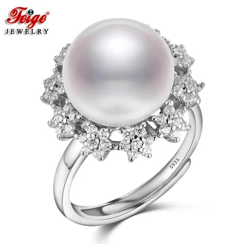 Голямо цвете 925 сребро естествени перли пръстен за жени сватбена декорация, подаръци 11-12 мм бял сладководни перли бижута FEIGE