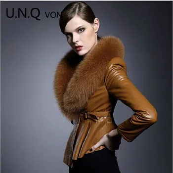 Безплатна доставка новата дама топло зимно кожено яке, супер лисича кожа яка тънко яке овче кожа Кожата на жената