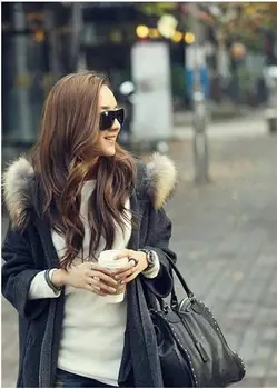 Европейски стил новата есенна и зимна дрехи голям размер дамска мода мазнини мм, с цип, с качулка кожа яка вълна палто 92865