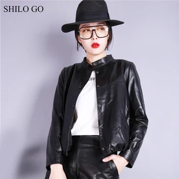 SHILO GO кожено яке дамски Пролетната мода овча кожа естествена кожа палто щанд яка однобортный причинно-следствена свободни палто