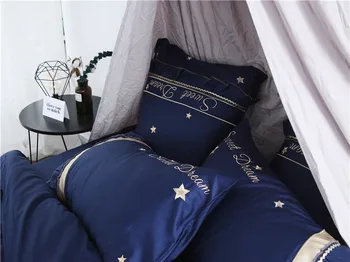 2018 синьо небе комплект постелки египетски памук, бродирана комплект спално бельо звезди чаршаф двойно Поп Кралицата размер кърпи комплект