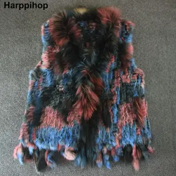 Harppihop * натурален натурален зайци кожа жилетка с енотовым кожа яка жилетка / яке многоцветен заек вязаный зимата за жени
