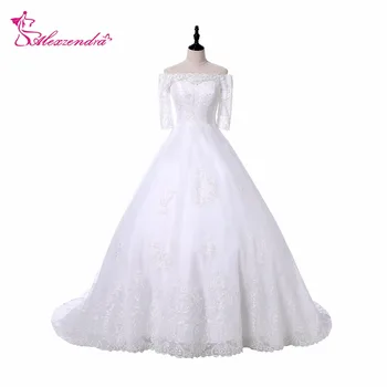Alexzendra бяло дантелено бална рокля Сватбена рокля с открити рамене Половината ръкави елегантна рокля на булката vestido de noiva de renda
