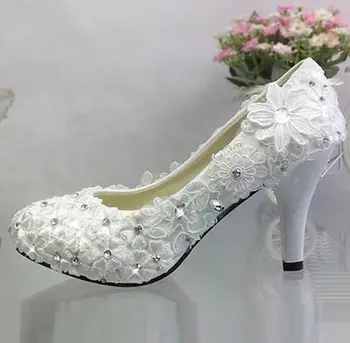 Дамски дантелени цветя на сватбени обувки бяла светлина цвят на слонова кост, ръчно изработени от кристал дантела сватбата булката младоженеца обувки