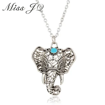 Miss JQ Бохемска Style Antique Silver Ethnic Long Necklace Blue Stone Elephant Pendant колиета за жени collier femme