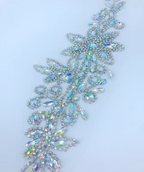 Hand made clear AB color crystal patches trimming Rhinestons applique on mesh 41*13cm for top dress