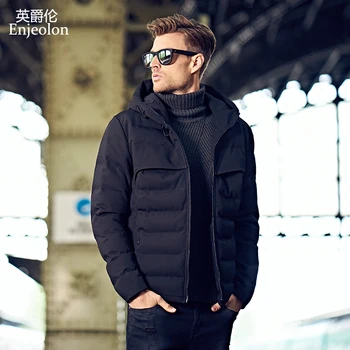 Enjeolon марка качулки памук ватник палто мъжете черно Parkacoat дебели ватирани модни палта мъжете плюс размер S-3XL MF0279