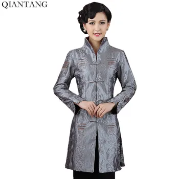Сиви традиционен китайски стил Дамско яке Mujer Chaqueta дамски сатен бродерия палто, размер S M L XL XXL XXXL 4XL 5XL Mne08B