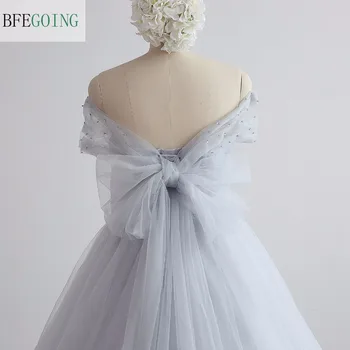 Тюл скъпа A-line сватбена рокля параклис влак без ръкави с рамо и реални снимки/снимки