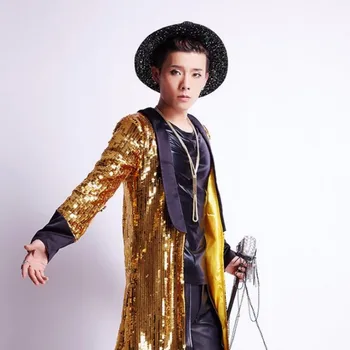 Чисто нов Мъжки Singer Star Show тренчи нощен клуб златни дрънкулката пайети дълъг костюм якета блестящи пайети дълго палто, размер XL