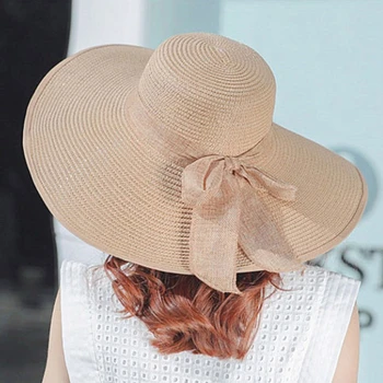 Горещи продажба летните слънчеви шапки за жени Големи Полета с панделки лък плажна шапка Cap Ladies Sun Hat UV Protect Chapeu Feminino