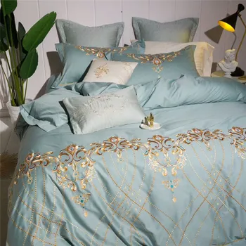 Източна бродерия памук син модерен и луксозен комплект постелки 4 / 7Pieces Queen King Bed Sheet set чаршаф калъфка #344
