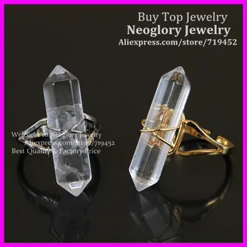 10шт натурален Кристал кварц пръста си пръстен,злато/сребро покритие тел увити гаранция точка пръстен шестоъгълник рейки чарка скъпоценни камъни друзы пръстен