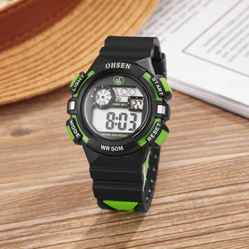 OHSEN Students Child Watch Cool Kids Watches Sports Alarm Watch Unisex Rubber Band Green Digital LCD часовник 50м Swim Horloge