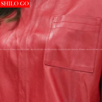 SHILO GO New Fashion Women Губим О-образно деколте, Червено предни джоба ръкав прилеп овча кожа естествена кожа къса блуза, дамски ежедневни блуза