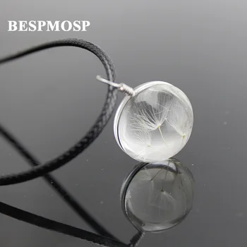 Bespmosp 24 бр. / лот търговия на Едро с черно кожено въже колие колие семена на глухарче в стъклен балон желание реален цвете, висулка жените подарък
