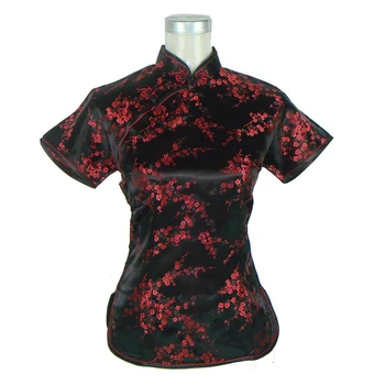 Горещи продажба черен червен китайски женски копринен сатен риза лятото с къс ръкав блуза, Мандарина, яка риза размер S M L XL XL XXL
