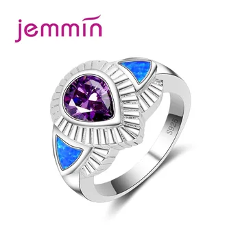 Jemmin Luxury New Purple Water Drop Gemstone Сватбени И Годежни Пръстени За Жени 925 Сребро Син Огнен Опал Безименен Пръст